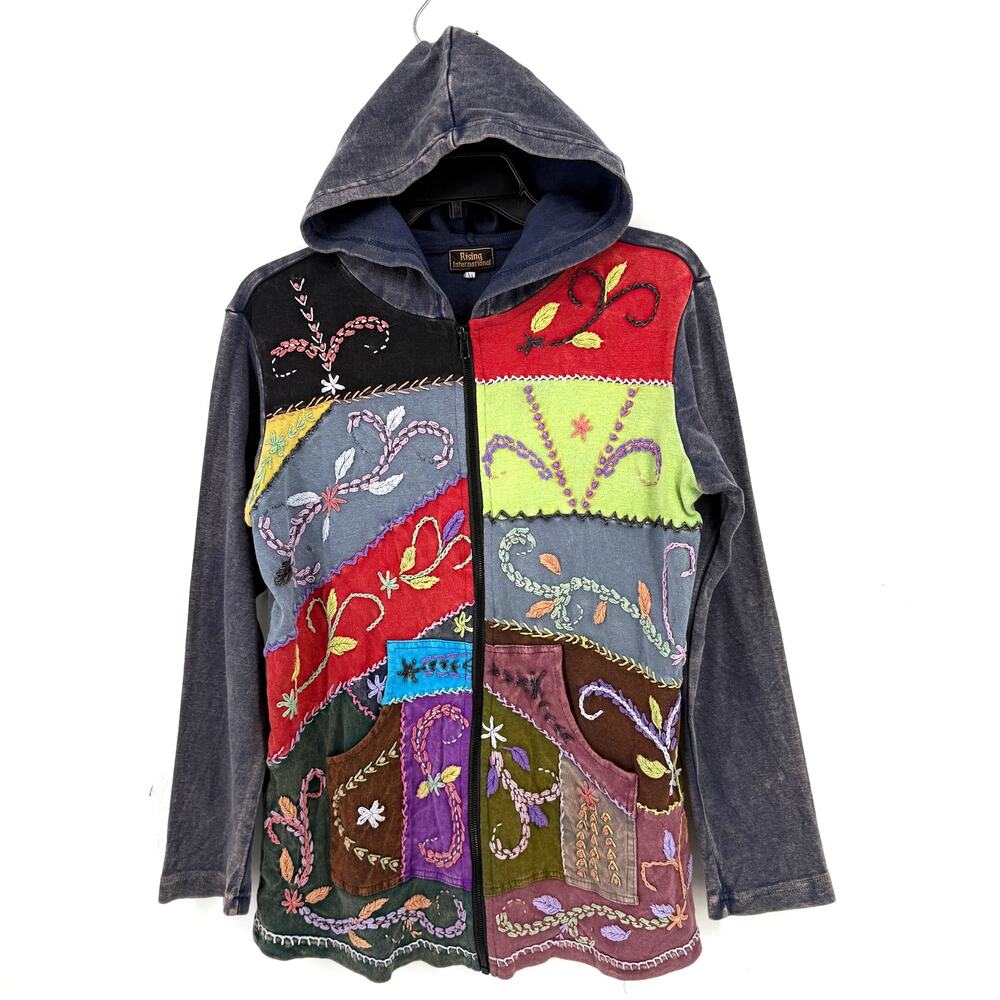 Rising International Women Sz M Patchwork Embroidered Hooded Jacket Full Zip